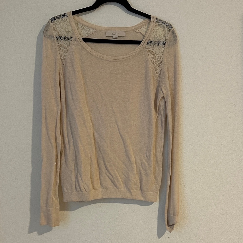 LOFT Beige Long Sleeve Top with Lace Accents